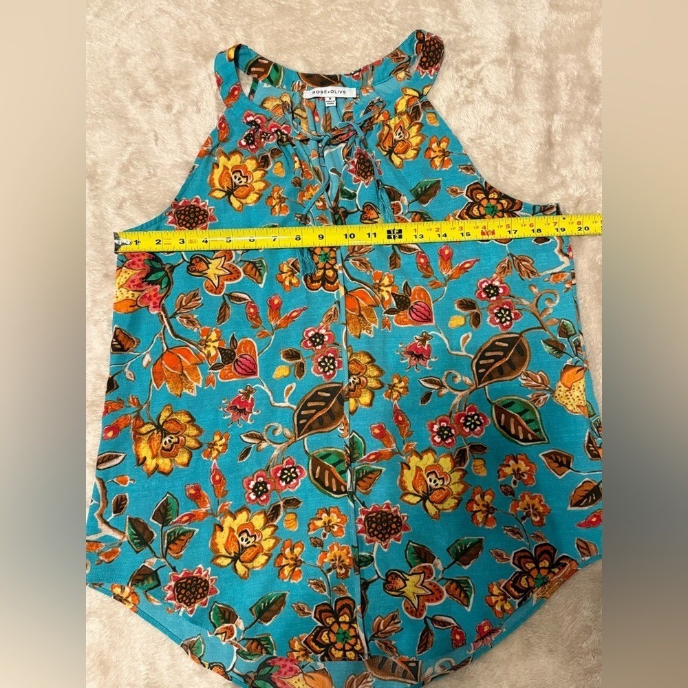 Rose &‎ Olive Teal Floral Blouse size Medium Sleeveless - Picture 7 of 10